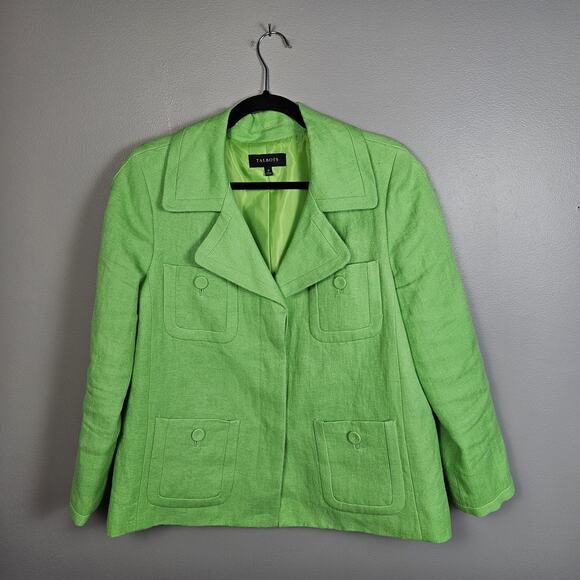 Talbots Women’s Linen Blazer Jacket Sz 12 Kelly Green Pockets Hidden Snaps - Picture 1 of 6